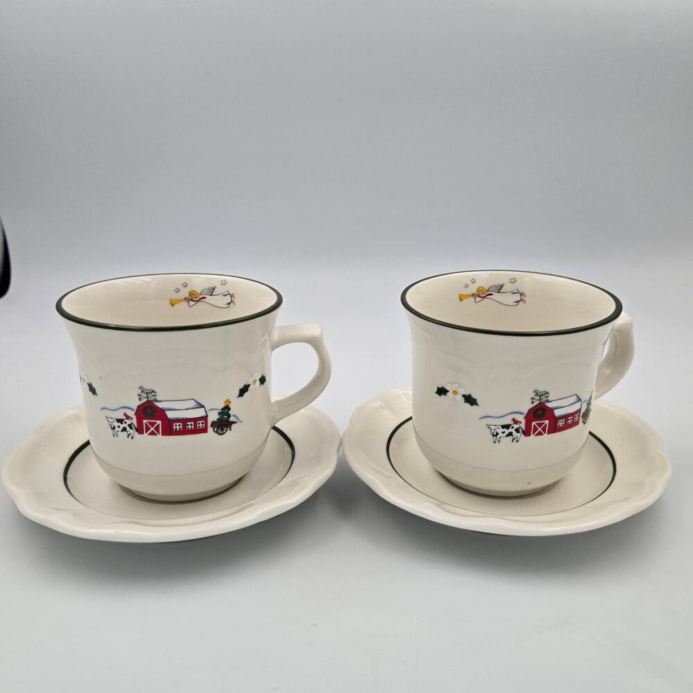 Two Pfaltzgraff Christmas Snow Village Stoneware Cup and Saucer Sets